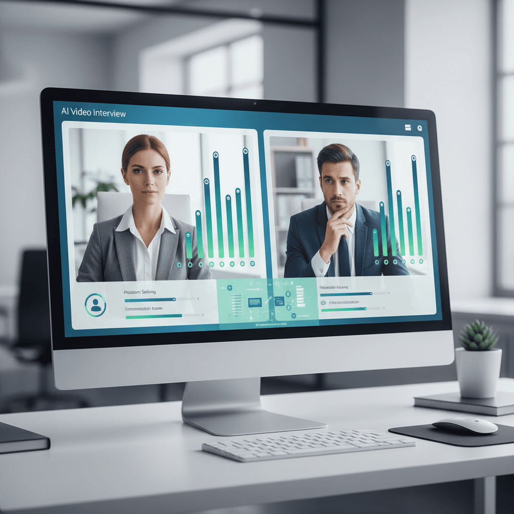 AI video interview platform interface showing structured competency scoring for enterprise banking candidates, split screen recruiter and candidate view