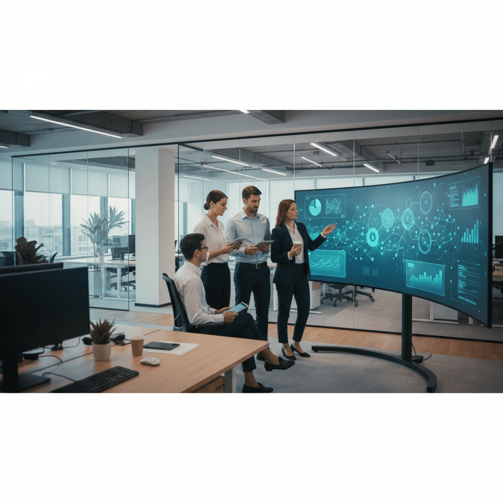 recruiter team in modern open-plan corporate office analyzing AI-generated candidate shortlist data on large screen monitor