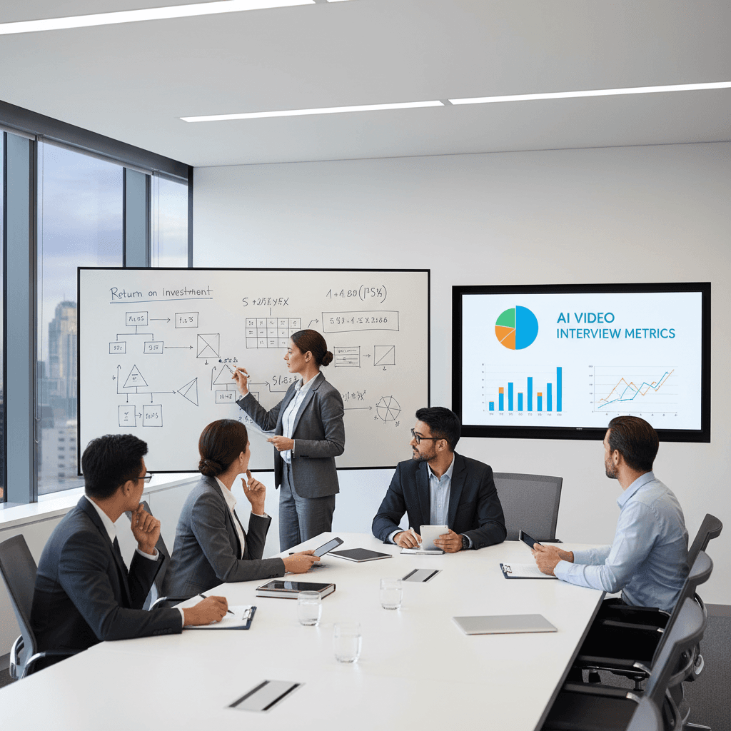 talent acquisition director calculating hiring ROI on whiteboard in conference room with HR team, AI video interview metrics displayed