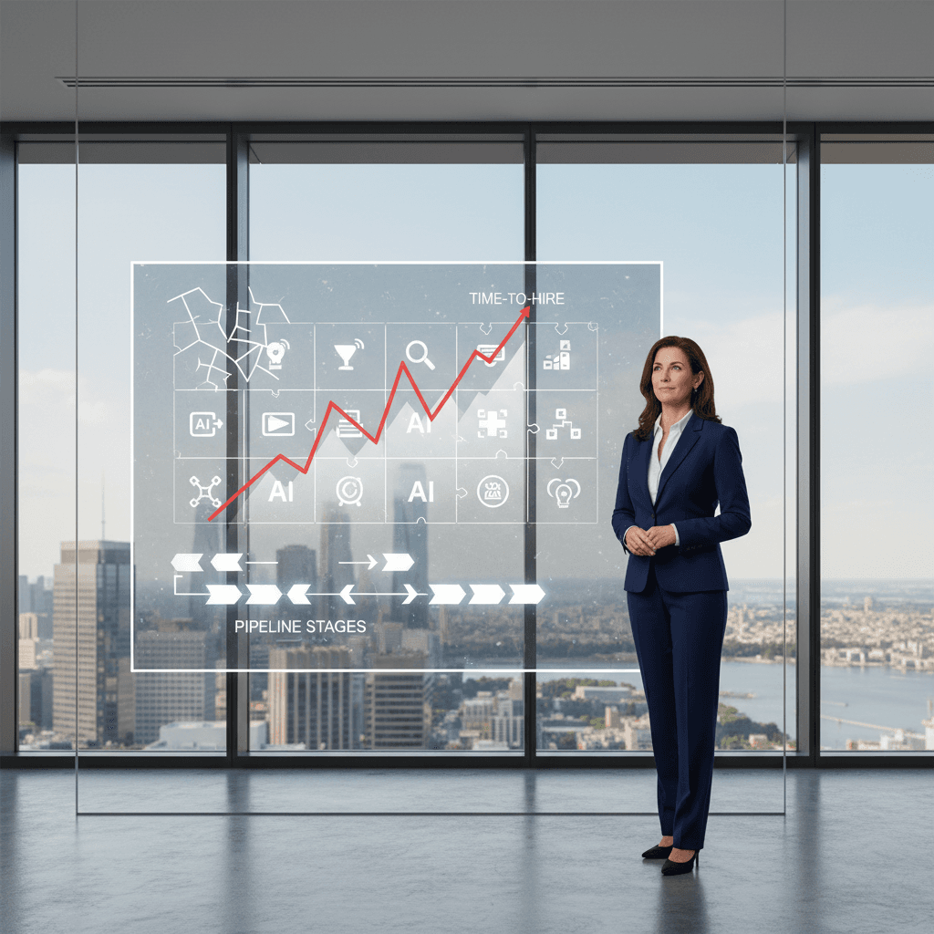 CHRO standing in front of a large digital recruiting dashboard displaying fragmented staffing firm AI hiring pipeline tool icons, rising time-to-hire metrics, and disconnected pipeline stages, set in a modern glass-walled enterprise office with city skyline visible in background