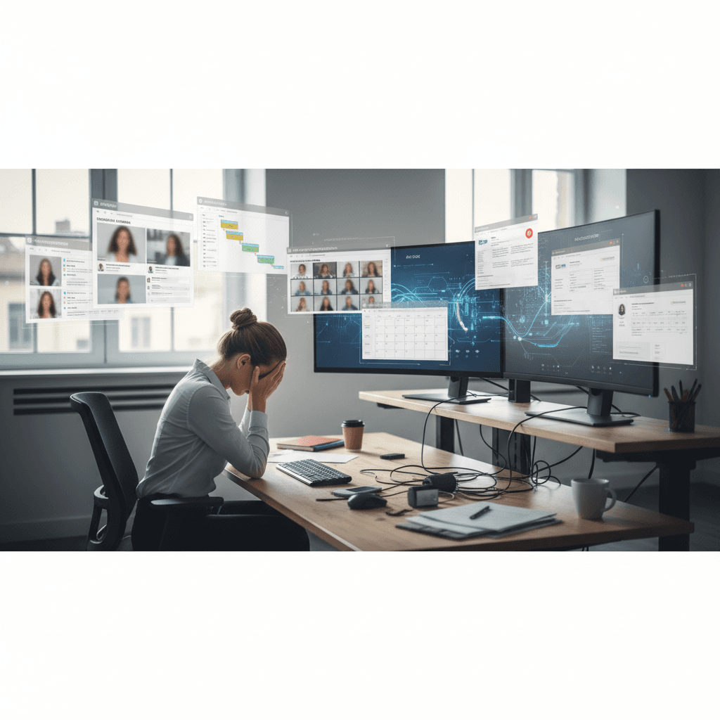 recruiter sitting at desk with multiple browser windows open showing separate sourcing, ATS, video screening, and scheduling tools on two monitors, visually representing an overwhelmed talent acquisition professional managing a fragmented staffing firm AI hiring pipeline