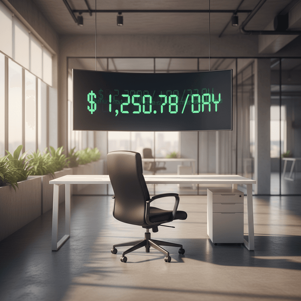 financial impact visualization showing a vacant office chair at an empty desk with a digital display above it showing dollar cost per day ticker incrementing, surrounded by a clean modern office environment with warm natural lighting, representing the hidden cost of unfilled positions in a fragmented hiring pipeline