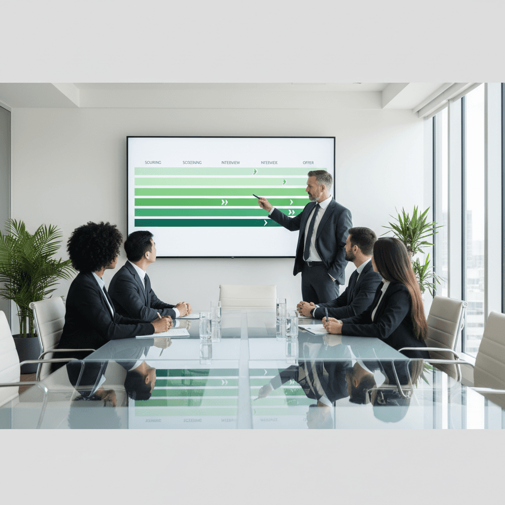 diverse team of three HR professionals and a CHRO gathered around a conference table reviewing a unified AI recruiting dashboard on a large wall monitor, with clear green pipeline stage indicators showing candidates moving smoothly from sourcing through offer, modern bright office setting with natural light