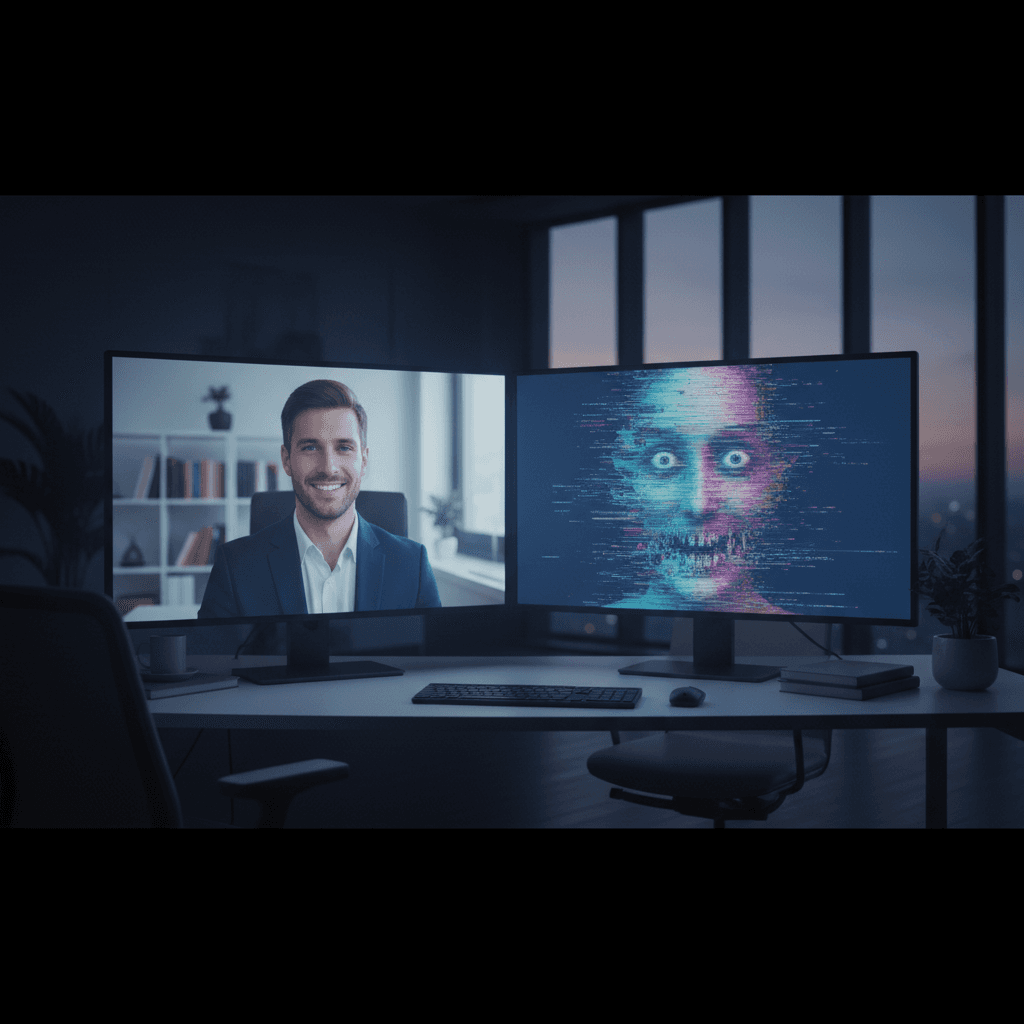split screen video interview showing a professional candidate on one side and a glitching distorted digital deepfake face on the other side with blue monitor glow in a corporate office