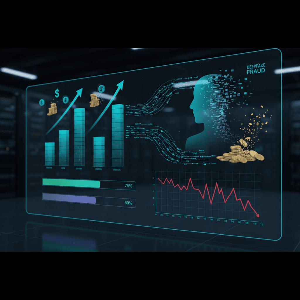 infographic showing financial impact of deepfake hiring fraud with dollar amounts and percentage bars in a dark corporate data visualization style