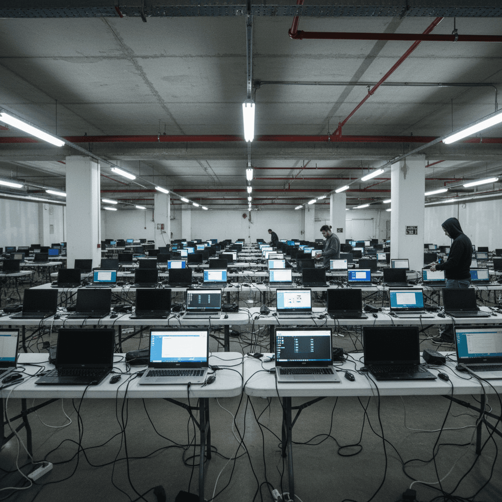 dark server room with rows of laptops lined up on folding tables in a laptop farm operation captured in dramatic documentary photography style with overhead fluorescent lighting