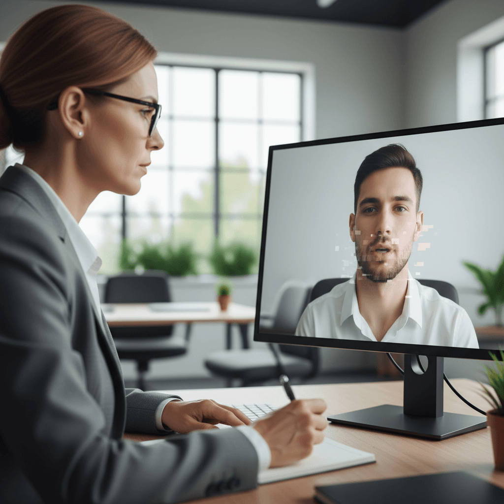 close-up of a hiring manager examining a video interview screen showing subtle digital artifacts around a candidates jawline with shallow depth of field in a realistic modern office