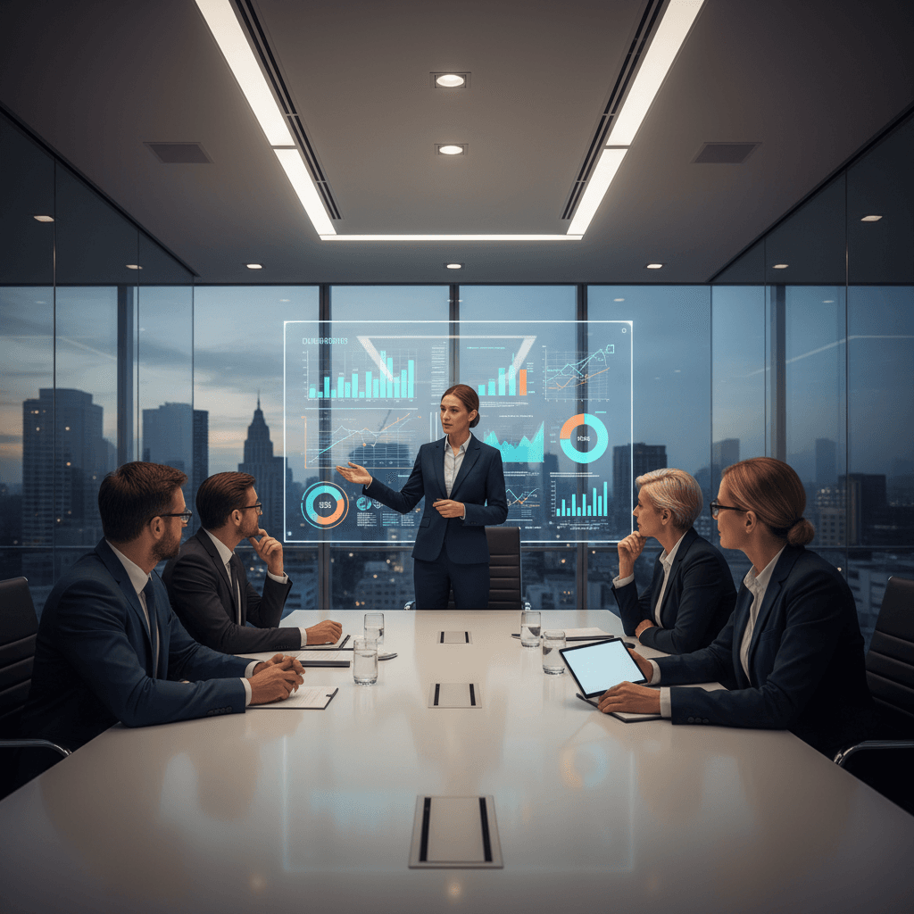 corporate boardroom with a compliance officer presenting deepfake threat assessment data on a large screen to executive leadership team in a modern glass-walled conference room