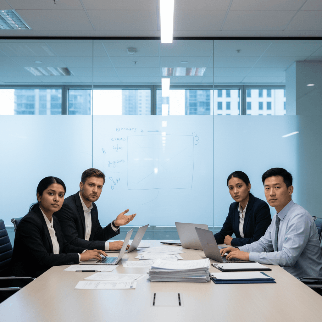 Enterprise hiring goals CHRO automation challenge: diverse recruitment team of four professionals seated around a conference table with open laptops and scattered printed resumes, expressions of concern during an afternoon meeting, modern glass-walled office with whiteboard in background, natural daylight from tall windows, Sony A7 IV, 24-70mm f/2.8 lens, medium shot at eye level, candid documentary workplace photography