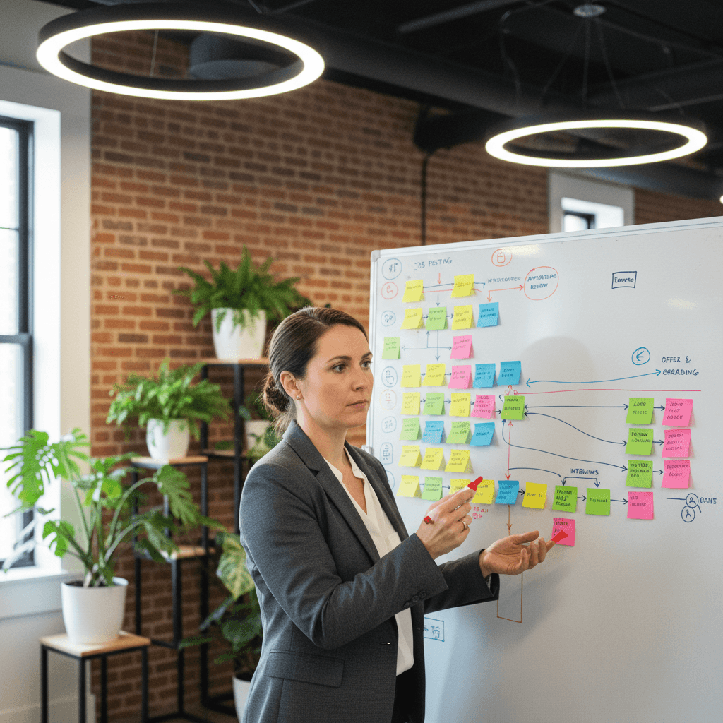 Enterprise hiring goals CHRO automation workflow mapping: HR operations manager standing at a large whiteboard covered with color-coded sticky notes mapping a recruitment workflow, open-plan office with exposed brick wall, overhead LED panel lighting with natural daylight from left, Nikon Z6 III, 50mm f/1.8 lens, medium close-up showing sticky note details, documentary workplace photography