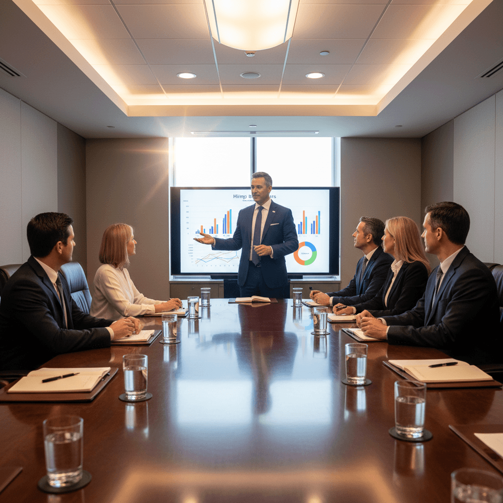 CHRO presenting enterprise hiring goals automation strategy to executives at conference table, large wall-mounted display showing bar charts and hiring metrics, water glasses and leather notebooks on table, Nikon D850, 24mm f/2.8 lens, wide angle capturing full room depth, warm tungsten overhead recessed lighting, professional corporate event photography