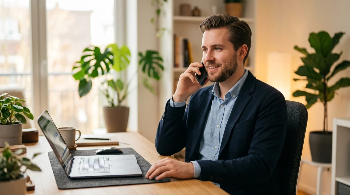 Job candidate speaking confidently on smartphone completing an AI telephonic screening interview from a comfortable home office