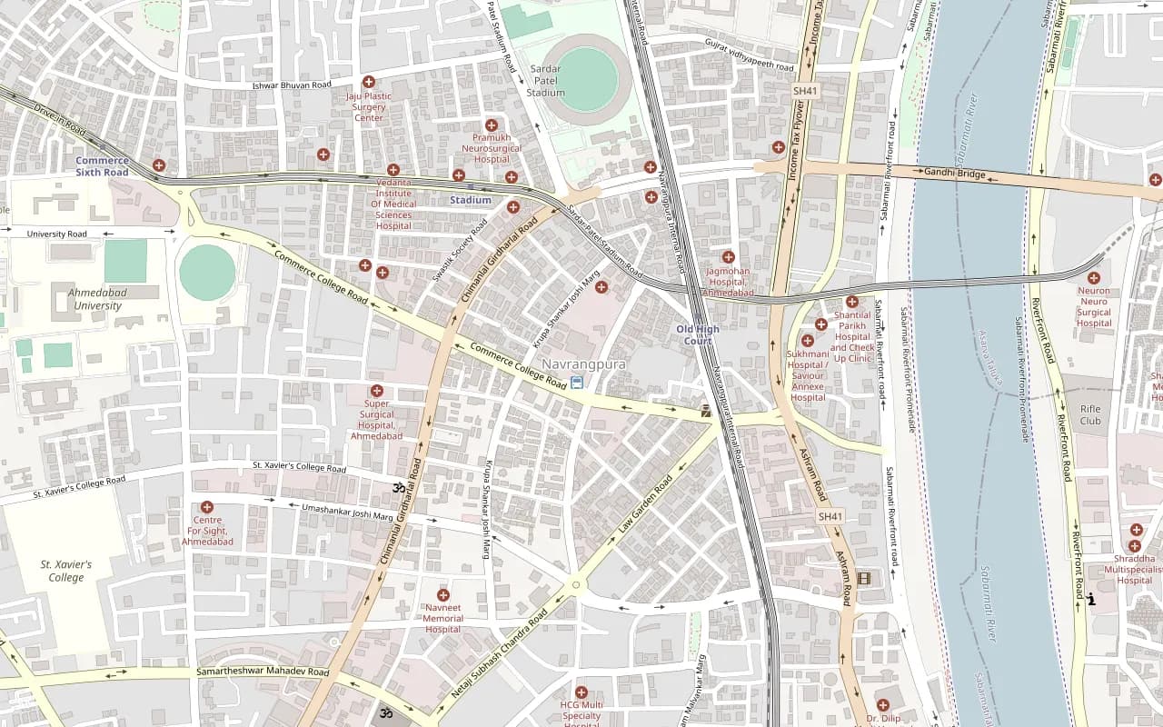 Street map of Navrangpura, Ahmedabad, with the IntervueBox office marked