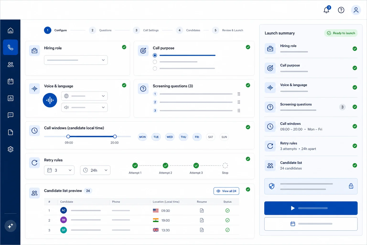 Calling Agent campaign setup with a hiring role, screening questions, voice and language controls, candidate-local call windows, retry rules, and a launch summary
